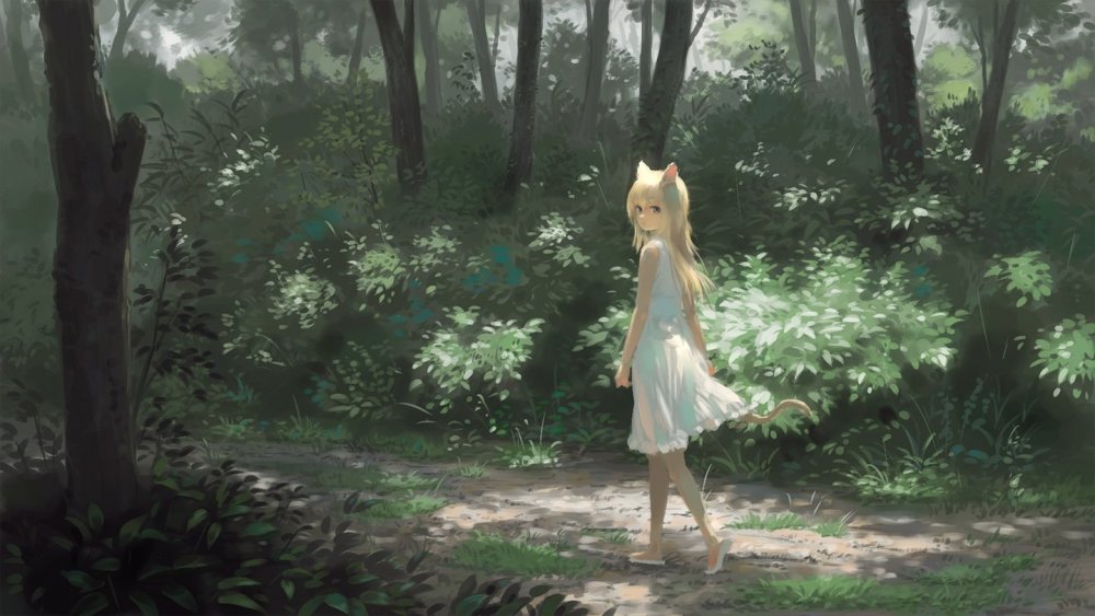 Konachan.com - 307108 animal_ears blonde_hair brown_eyes dress forest long_hair original tail tree wasabi60.jpg